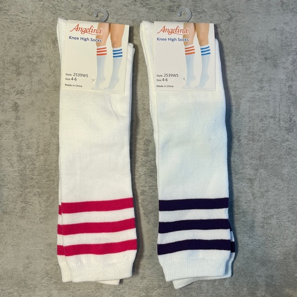 2 Pairs Knee High Socks White w/ Pink Stripes and White w/ Purple Stripes SZ 4-6 - Picture 1 of 6